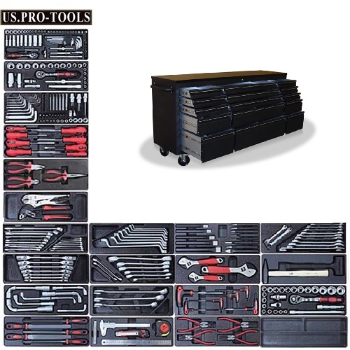 US PRO TOOLS BLACK 72″ TOOL CHEST WORKBENCH WITH TOOLS