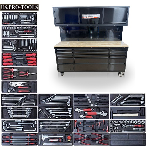 US PRO TOOL CHEST CABINET BOX BLACK WITH STAINLESS STEEL WORKSTATION 72″